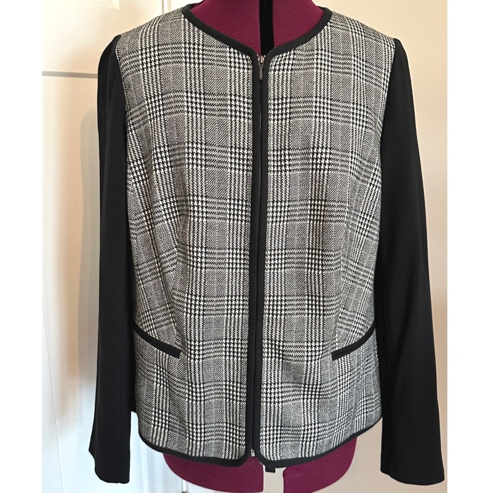 Talbots Woman Glen Plaid Zip Front Jacket Black White Contrast Sleeve 14W